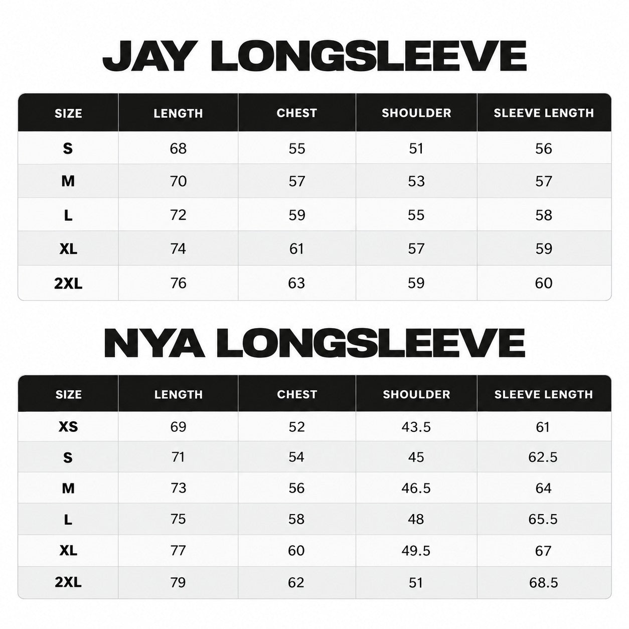 Size chart for JAY & NYA