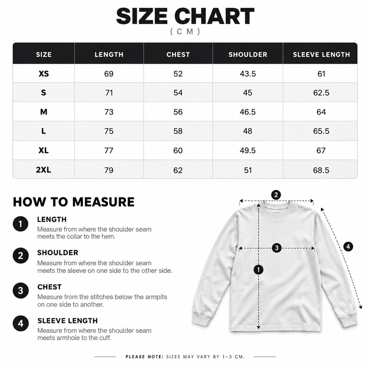 Size chart for Nya Water Long Sleeve